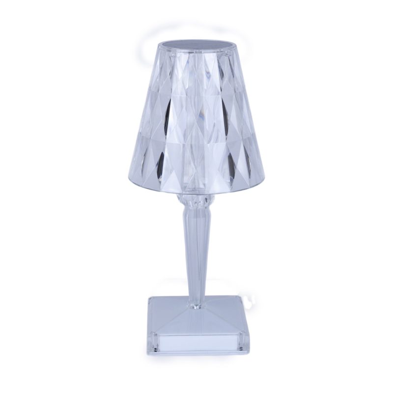Crystal LED touch lamp with diamond pattern shade and clear base on white background, showing modern cordless table light design.
