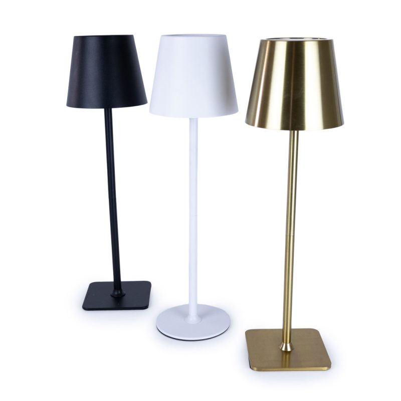 Set of three LED touch table lamps in black, white, and gold – rechargeable metal touch dimmable lamps for event tables, restaurants, or bedside use.