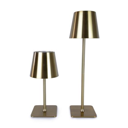 Two gold metal LED touch table lamps in adjustable heights – rechargeable cordless tri-colour lamps showing 24 cm and 38 cm options, perfect for event, restaurant, or home lighting.