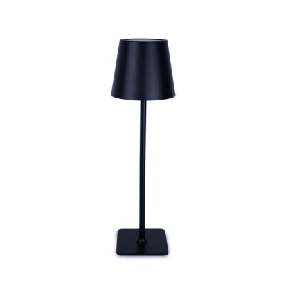 Black LED touch table lamp with adjustable height and rechargeable metal base – cordless touch dimmable desk light for home, restaurant, or event tables.