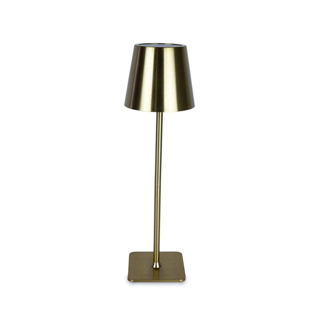 Gold metal LED touch table lamp – rechargeable cordless lamp with touch dimmer and tri-colour LED light, ideal for restaurants, hotels, and home décor.