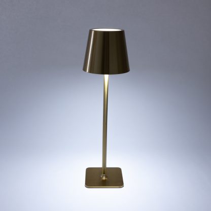 Gold rechargeable LED touch lamp featuring cool white illumination – cordless metal lamp with tri-colour LED for elegant event lighting.