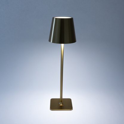 Gold metal LED touch table lamp with adjustable colour temperature – rechargeable cordless touch dimmable lamp for home and restaurant tables.