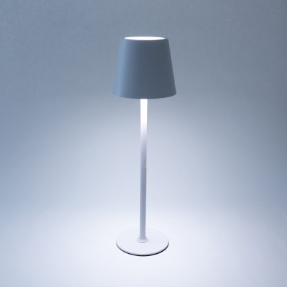 White metal LED touch control lamp with neutral light glow – rechargeable tri-colour LED table lamp perfect for home, hotel, or event spaces.