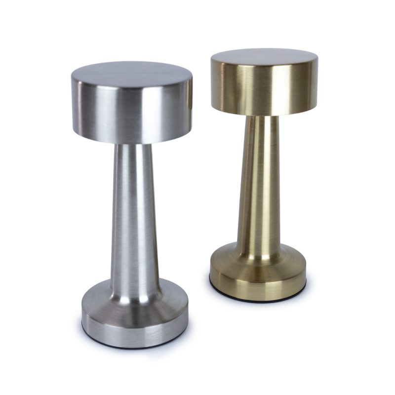 Gold and silver metal LED mushroom table lamps side by side showcasing modern cordless rechargeable design