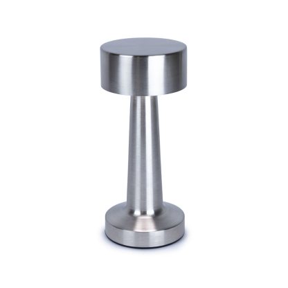 Silver metal mushroom LED touch table lamp with sleek cordless rechargeable design