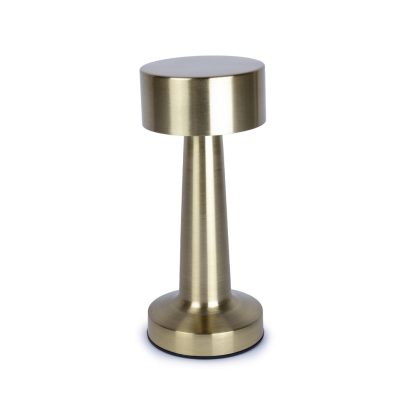 Gold mushroom LED touch table lamp with brushed metal finish and modern cordless style
