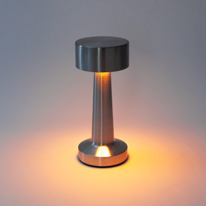 Silver metal mushroom LED lamp with warm light setting ideal for restaurant or event décor