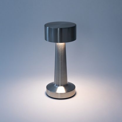 Silver metal mushroom touch lamp showing neutral light mode for modern ambient lighting