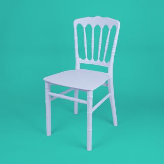 White child size Napoleon chair made from sturdy resin, shown at an angle on a teal background – lightweight stackable kids event chair for weddings and parties.