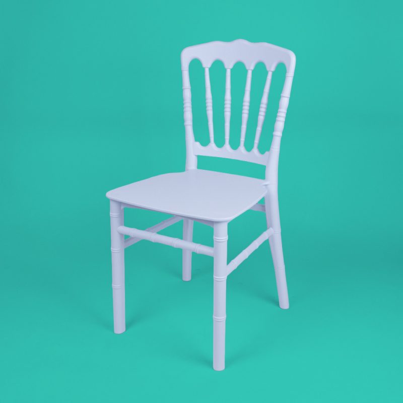 White child size Napoleon chair made from sturdy resin, shown at an angle on a teal background – lightweight stackable kids event chair for weddings and parties.