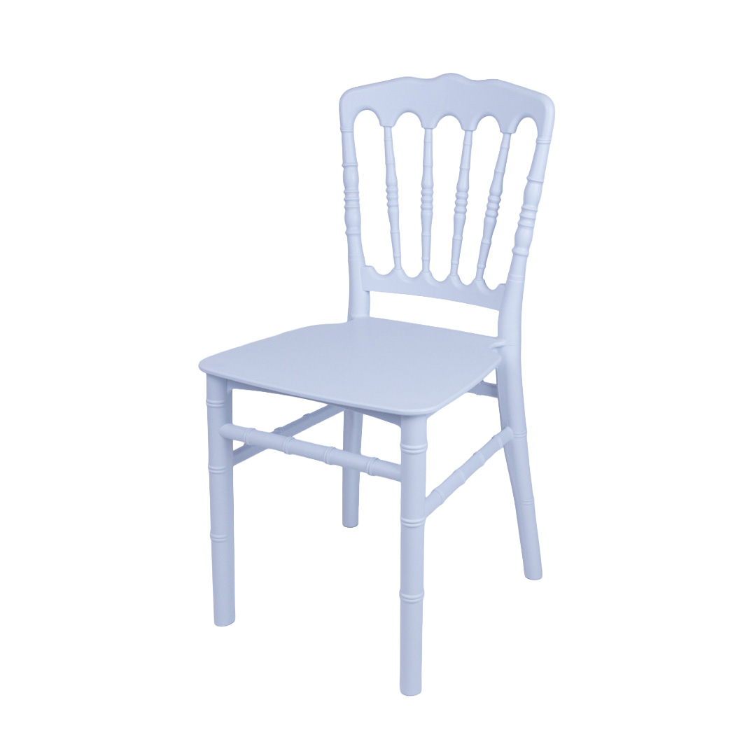 Front angled view of white resin child size Napoleon chair – elegant and durable kids event seating for weddings, parties, and hire companies.