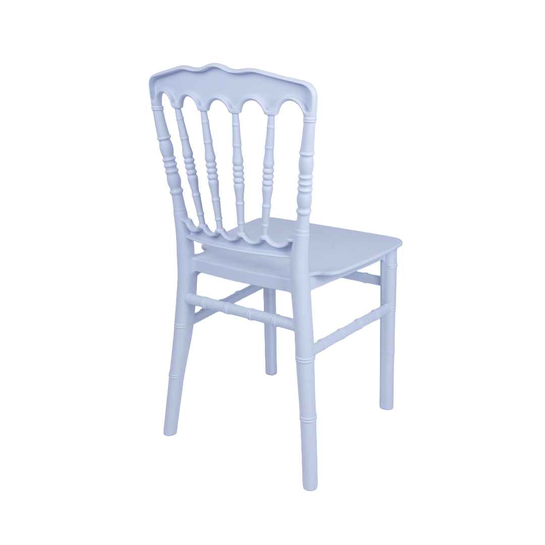 Back view of white mini Napoleon chair for children, showcasing the detailed spindled design and sturdy resin frame.