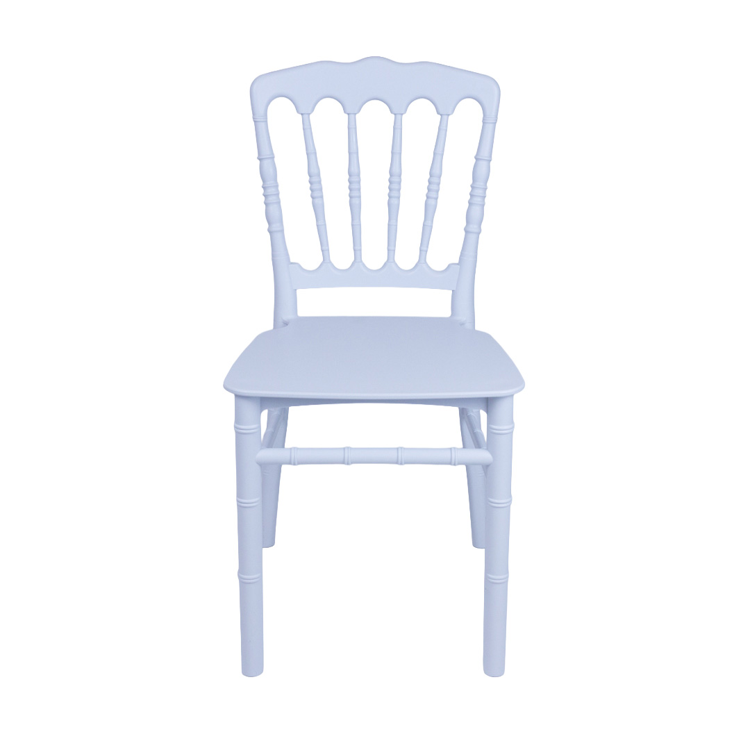 Front-on view of white child size Napoleon chair with classic Napoleon backrest design, ideal for kids event seating and party hire.