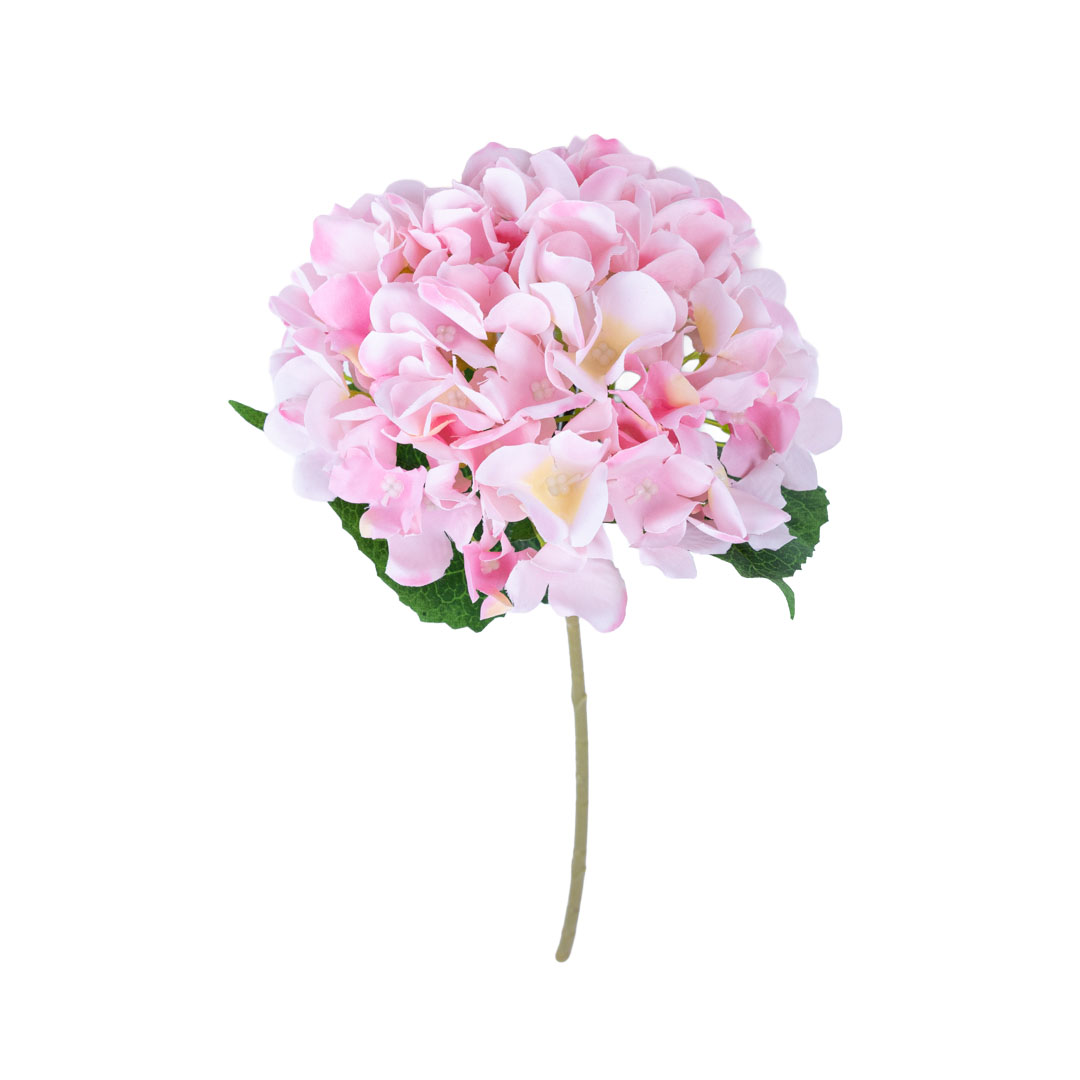 Pink artificial hydrangea stem 45 cm with realistic faux hydrangea flower head and two leaves, perfect for home décor or DIY floral arrangements.
