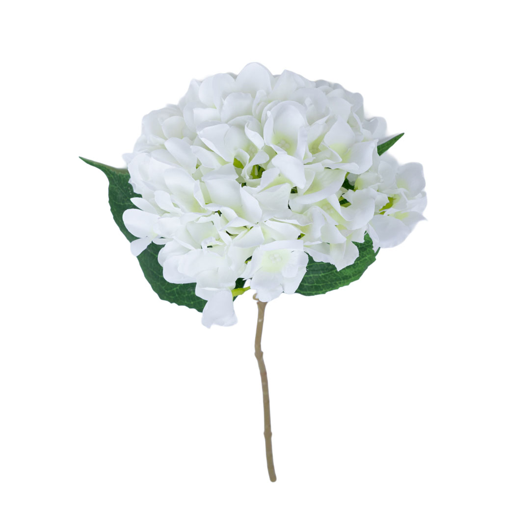 White artificial hydrangea stem with lifelike faux hydrangea flower and green leaves, ideal for wedding décor, vase displays, and home styling.