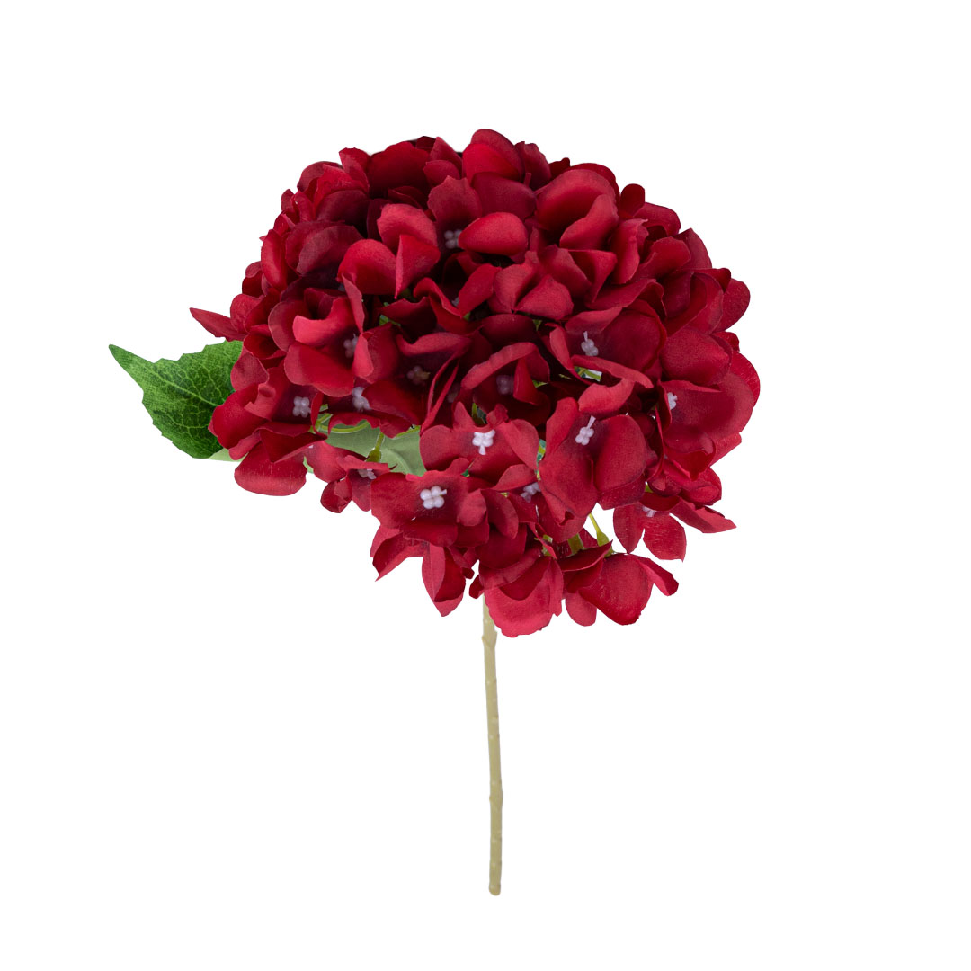 Red faux hydrangea stem featuring a full artificial hydrangea flower head, perfect for home decoration or artificial floral arrangements.
