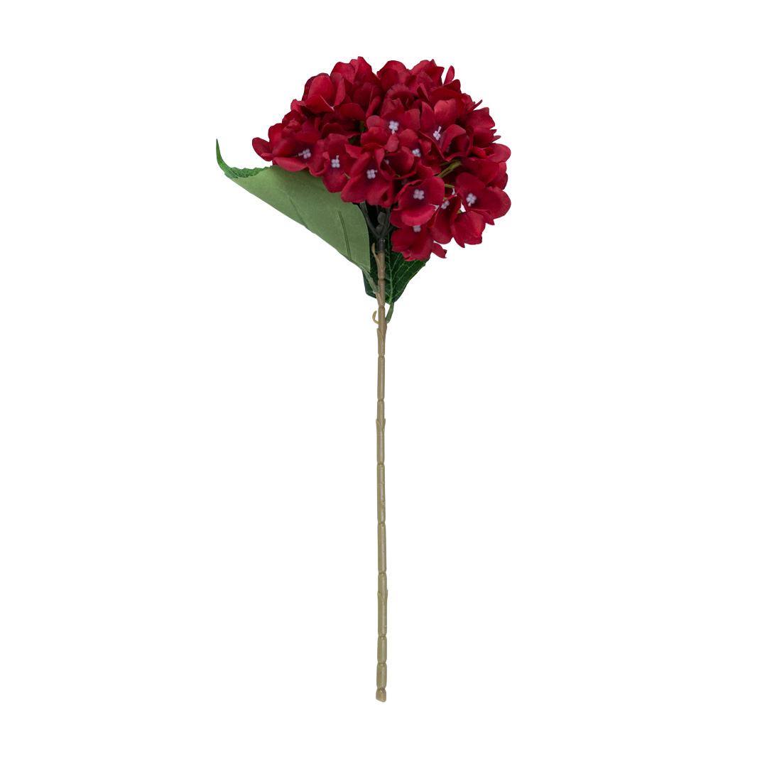 Full length 45 cm artificial hydrangea stem in rich red colour with realistic faux flower head and two leaves for décor and DIY flower projects.