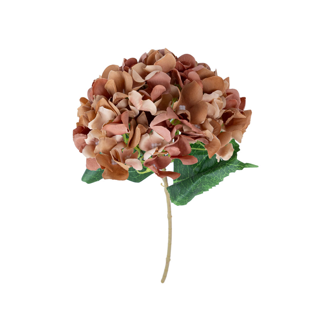 Rust coloured artificial hydrangea stem with lifelike faux hydrangea blooms and detailed leaves, ideal for autumn décor and floral crafts.