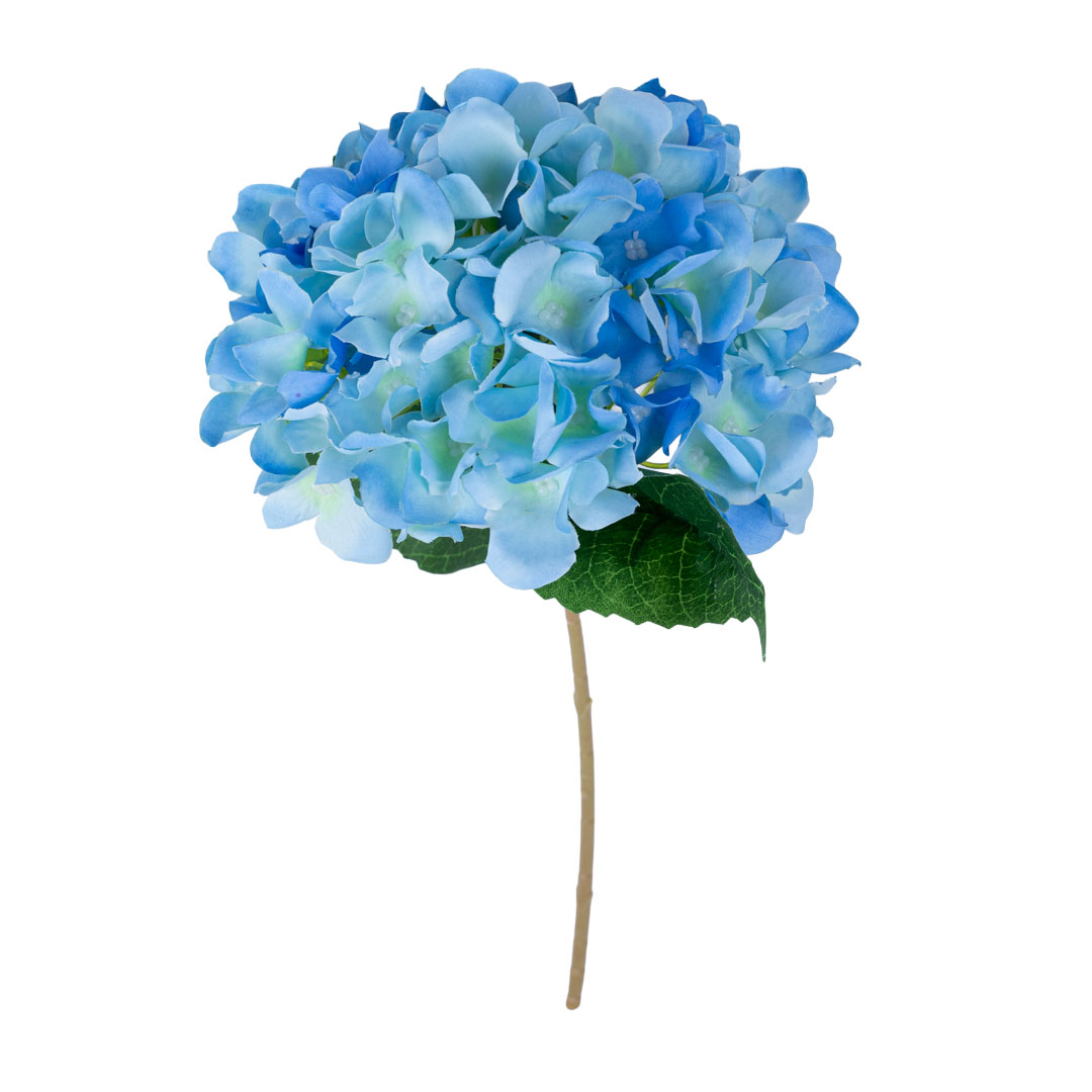 Blue artificial hydrangea stem with realistic silk style faux hydrangea flower, perfect for centrepieces, home styling, and floral arrangements.