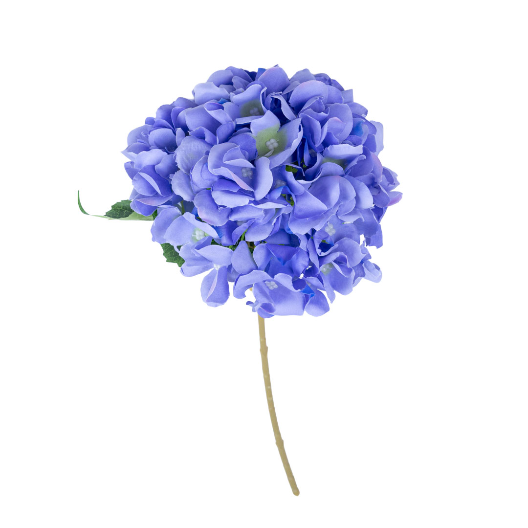 Purple faux hydrangea stem with full artificial hydrangea flower head and green leaves, ideal for home décor, weddings, and DIY arrangements.