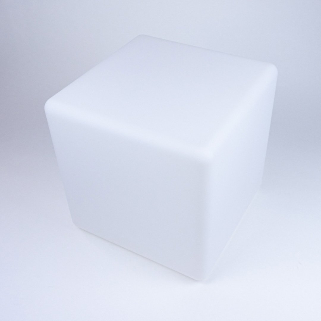 Artificial LED cube stool 39 cm shown unlit on a white background, featuring a smooth matte finish ideal for events, parties, and modern décor.