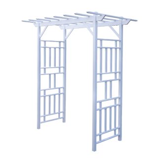 White PVC garden arbor arch with decorative side panels and pergola style roof used for weddings and outdoor events.