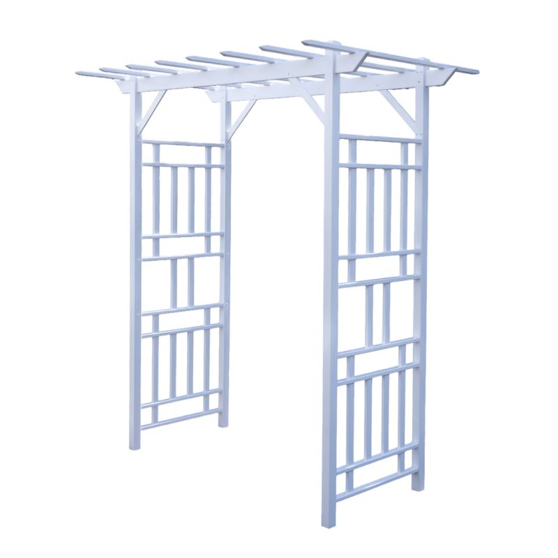 White PVC garden arbor arch with decorative side panels and pergola style roof used for weddings and outdoor events.