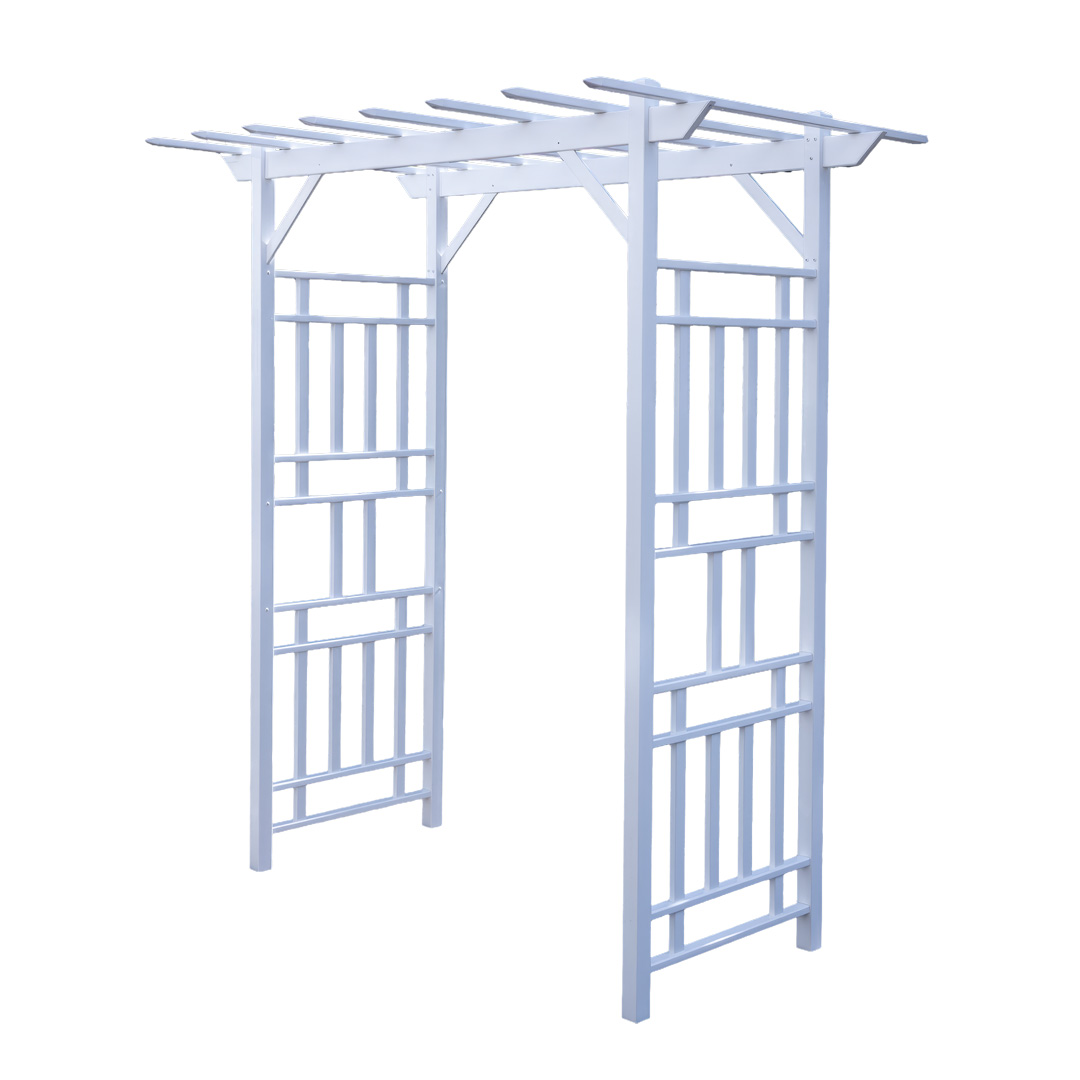 White PVC garden arbor arch with decorative side panels and pergola style roof used for weddings and outdoor events.
