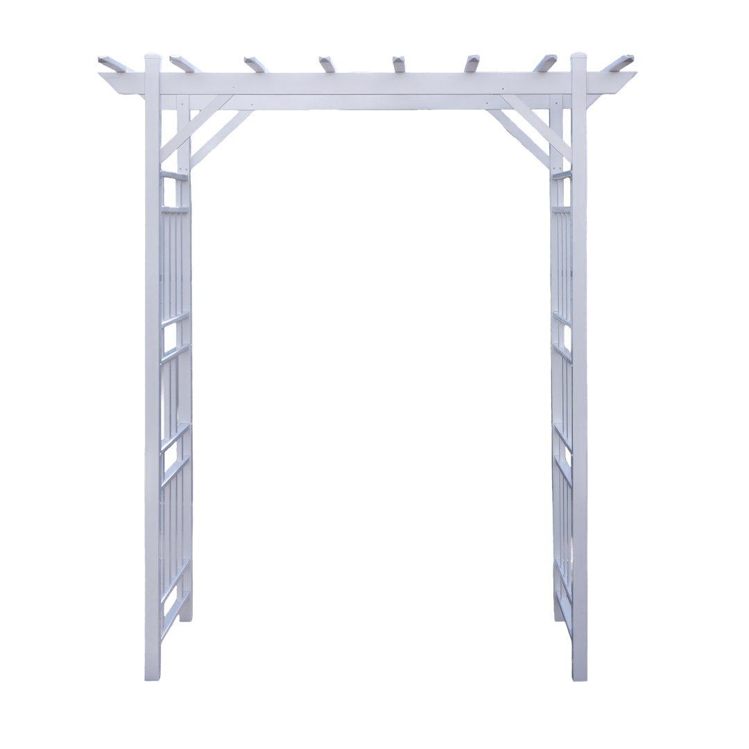 Front view of white PVC wedding arbour showing 212 cm tall arch frame for ceremonies and garden décor.