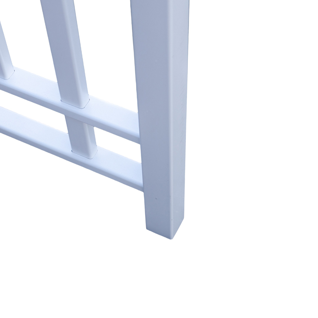 Lower section of white PVC garden arbour leg showing durable UV resistant frame.