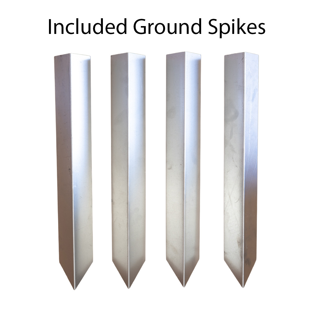 Included metal ground spikes for securing PVC garden arbor or wedding arch outdoors.