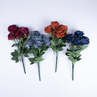 Artificial rose bunch set in four colours maroon rust navy blue and blue grey with realistic 7 head faux rose stems 43 cm