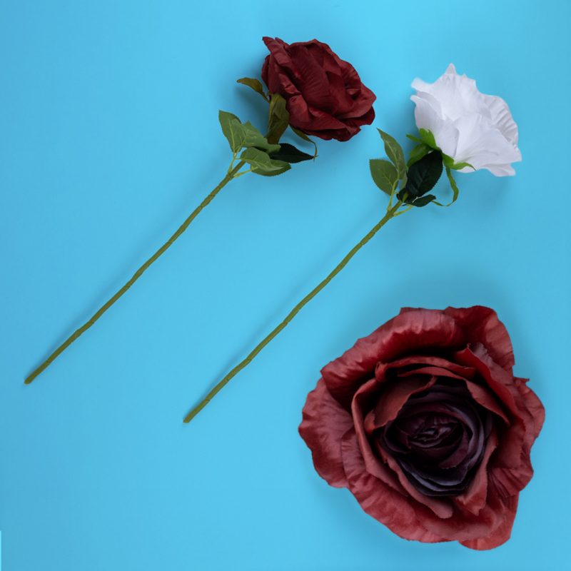 Artificial rose stems with large rose heads in red and white, featuring realistic faux rose flowers and long green stems, perfect for home décor or floral arrangements.