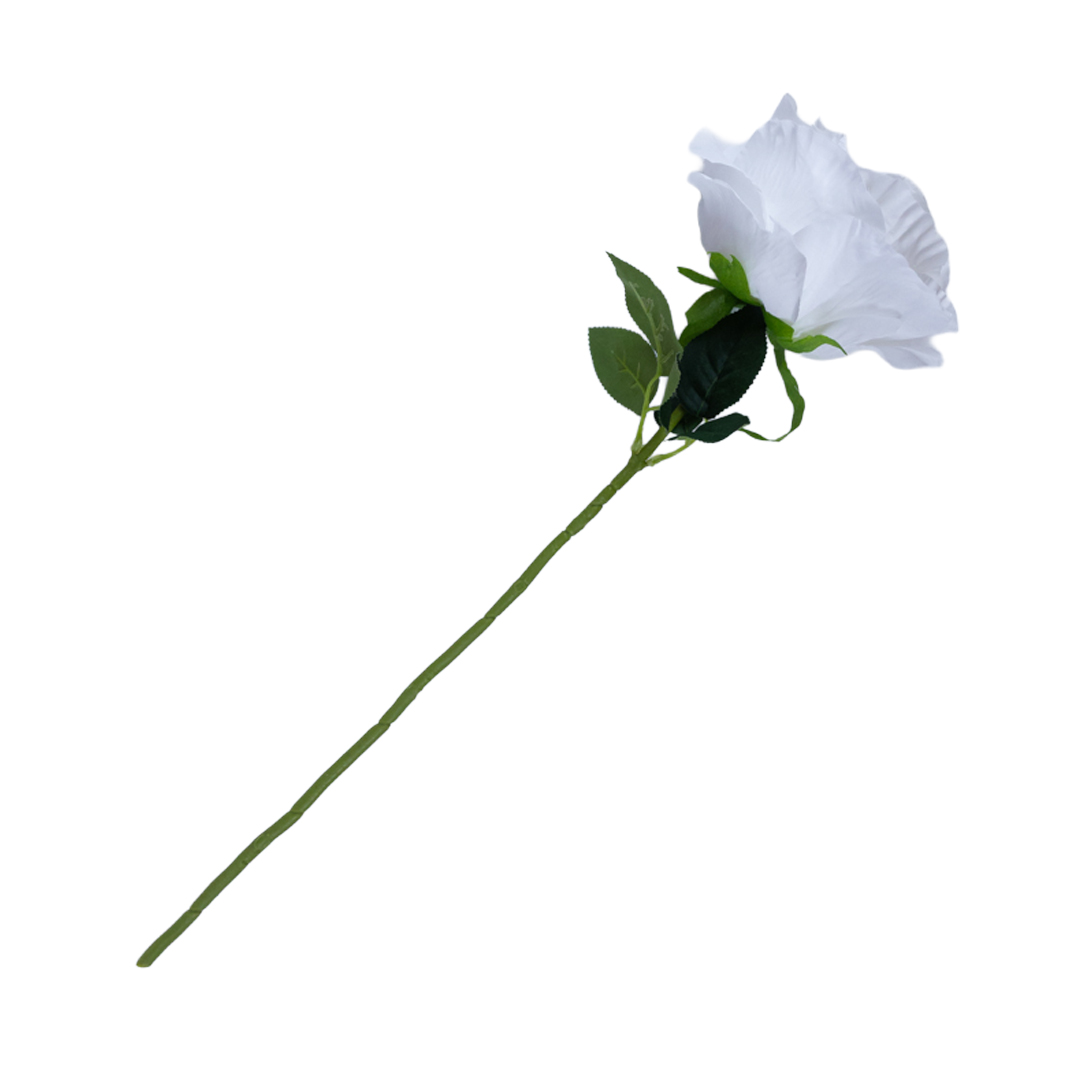 65 cm white artificial rose stem featuring a large 18 cm faux rose head and green leaves, ideal for wedding arrangements, home décor, and floral projects.