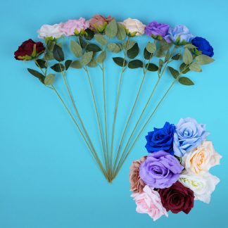 Artificial rose stem assortment in 8 colours including ivory, champagne, pink, musk, maroon, royal blue, light blue and purple displayed on blue background.