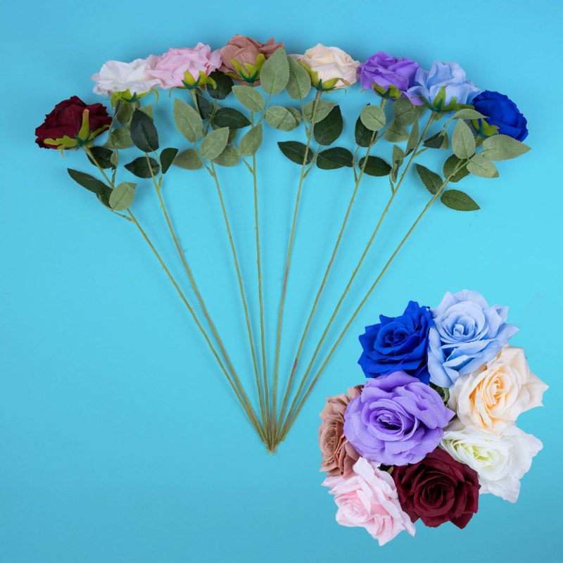 Artificial rose stem assortment in 8 colours including ivory, champagne, pink, musk, maroon, royal blue, light blue and purple displayed on blue background.