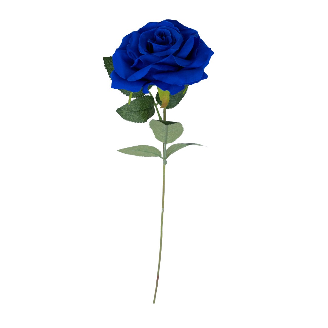 Royal blue artificial rose stem with 9 cm rose head and bendable wire stem.