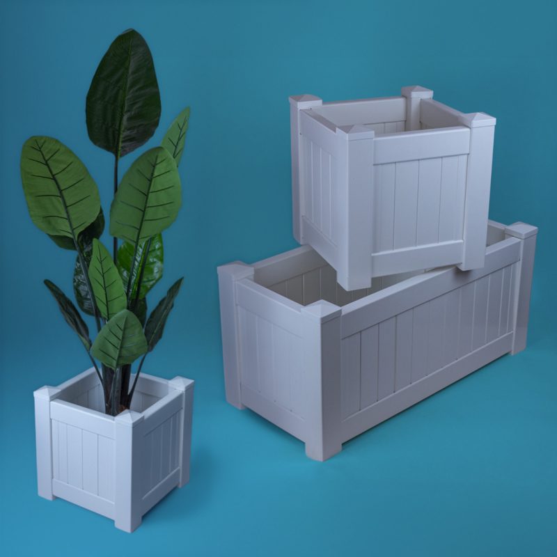White PVC garden planter boxes in multiple sizes, rectangular and square outdoor planter boxes