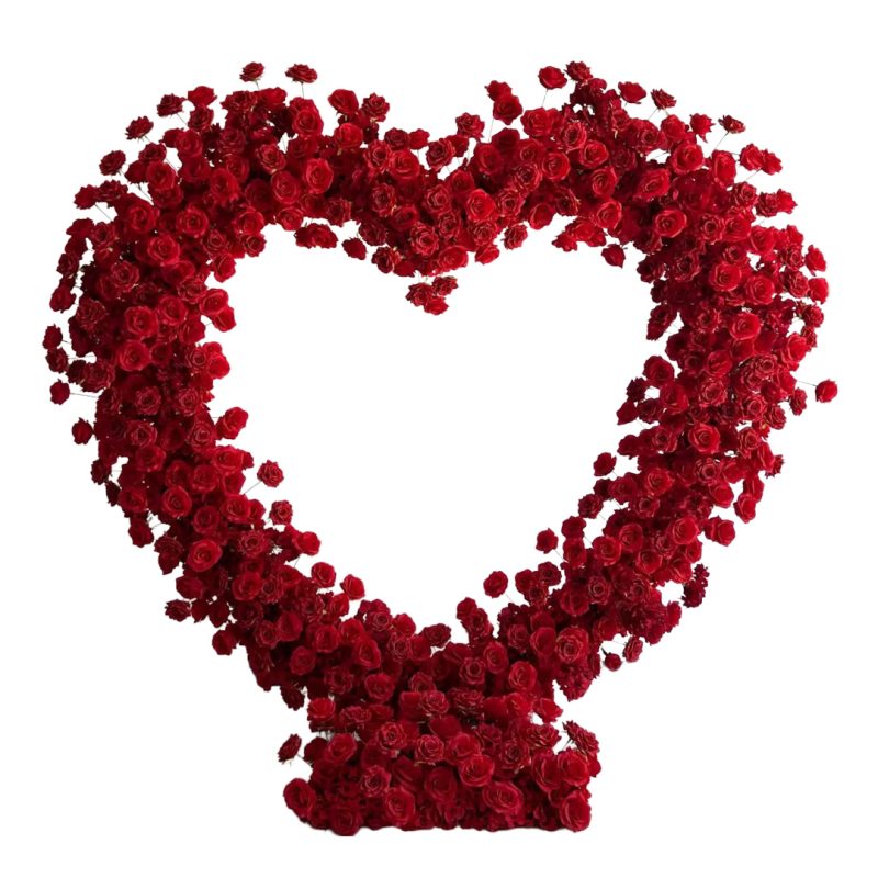 Rose heart backdrop stand with artificial red roses, 2.2m wedding flower heart backdrop for events
