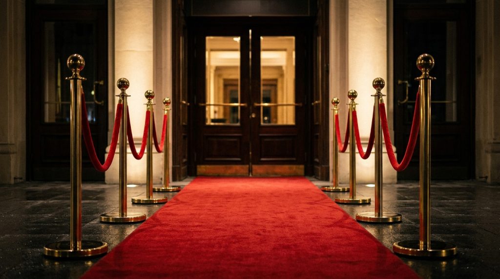 Gold velvet rope bollards with red velvet ropes at a premium event entrance