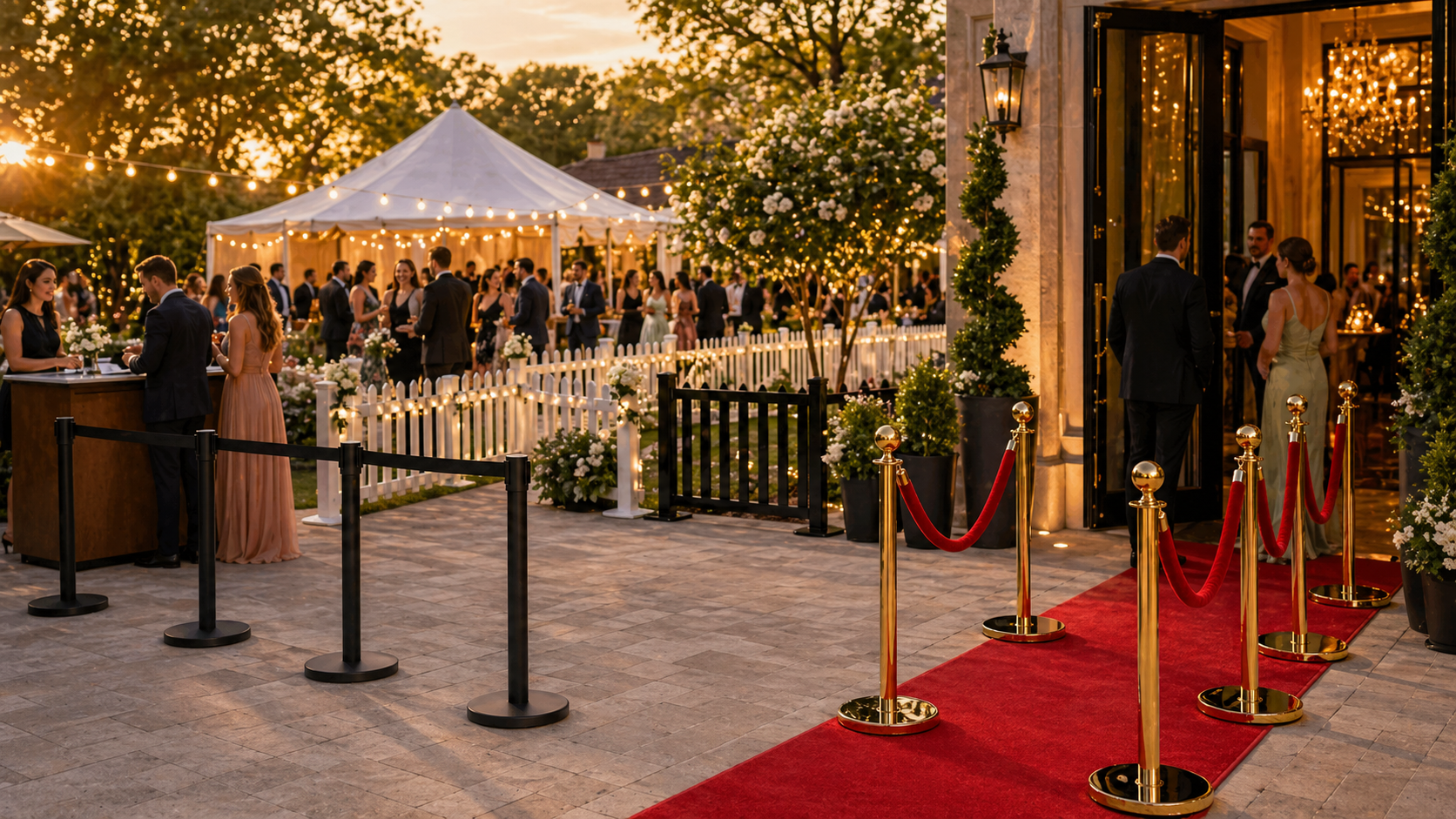Portable event fencing and barriers set up at an elegant outdoor event with guests, white picket fencing, black picket fencing, retractable belt barriers and gold velvet rope bollards.