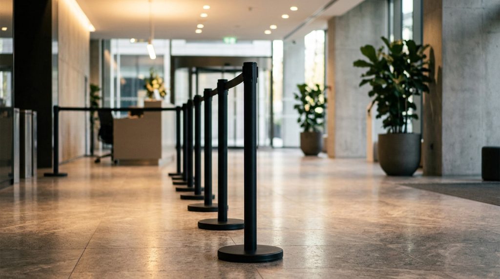 Retractable belt barriers used to guide guests at an event entrance