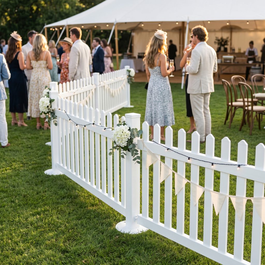 White Portable Picket Fencing Set up at a formal garden event