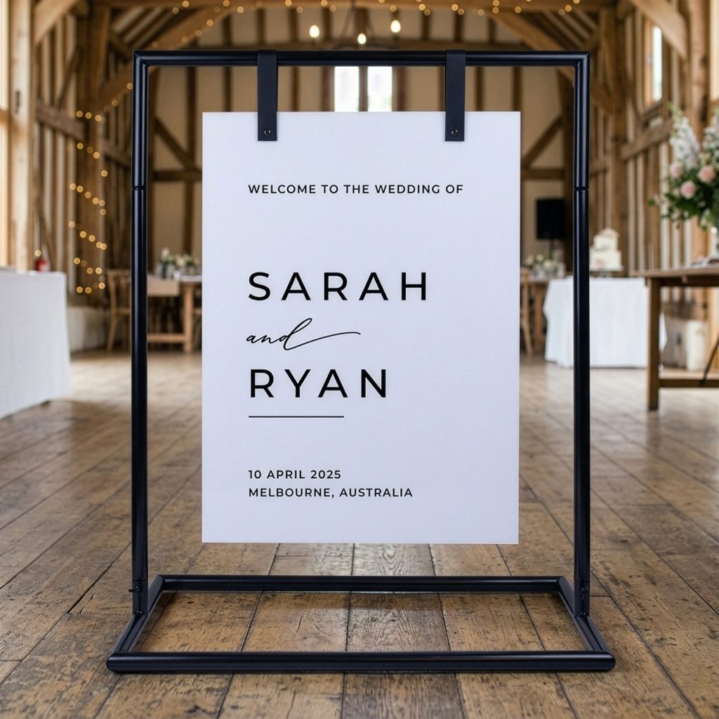Acrylic wedding welcome sign hanging on black metal sign stand at indoor wedding venue