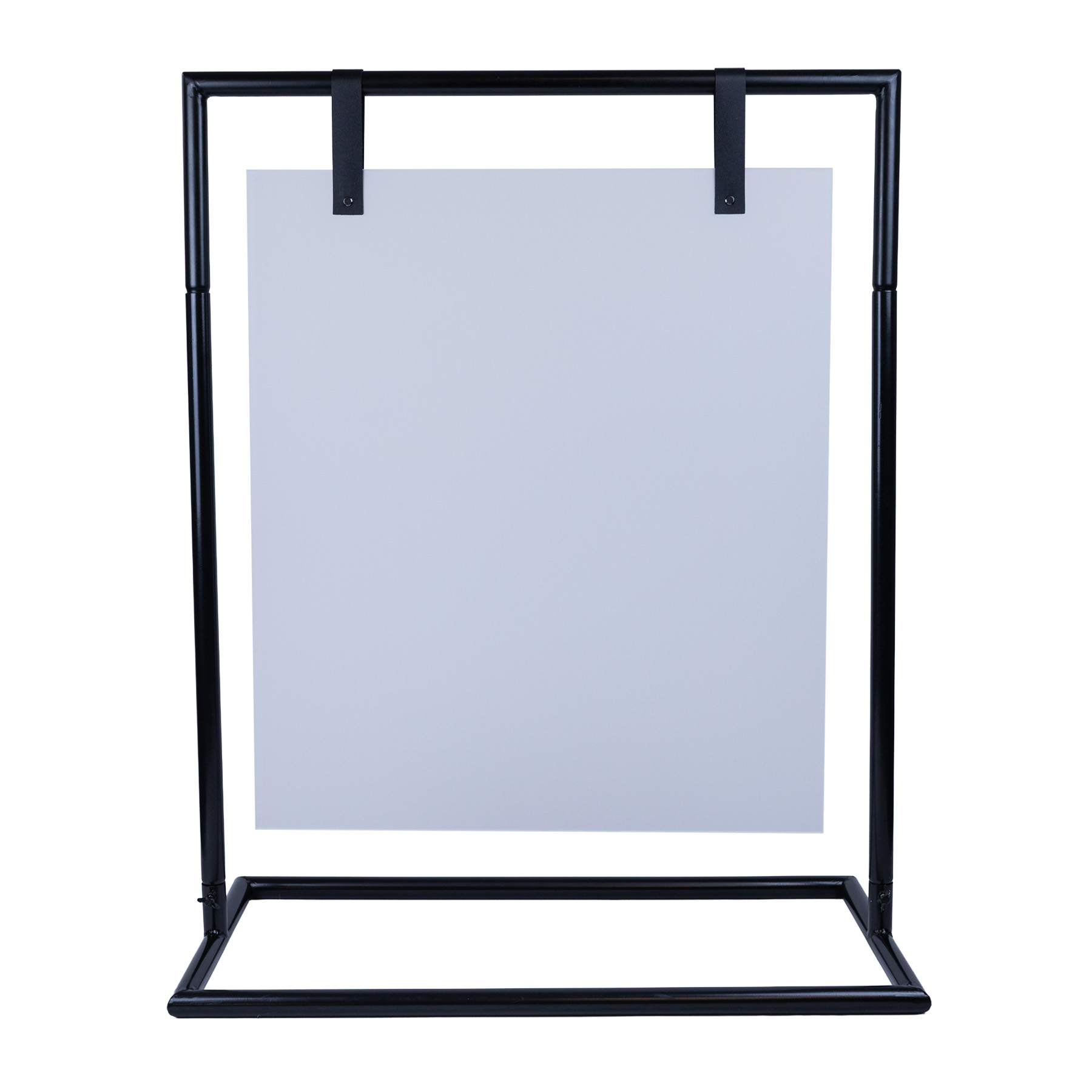 Frosted acrylic sign board blank hanging on black metal sign stand front view