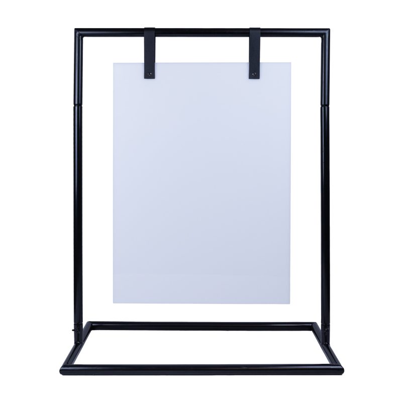 White acrylic sign board blank 50 x 68cm hanging on black signage stand