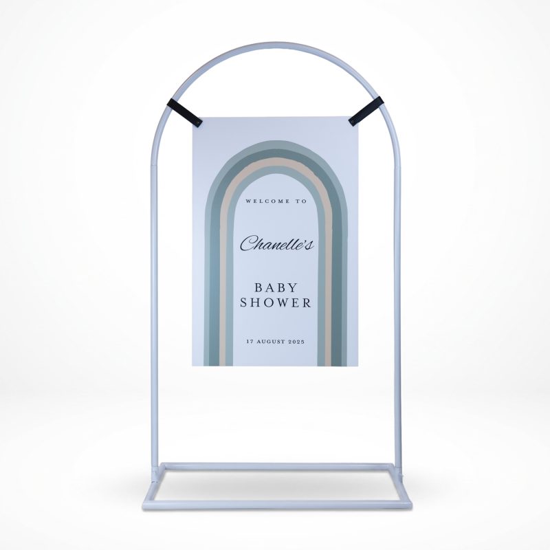 White arch signage stand with hanging baby shower sign