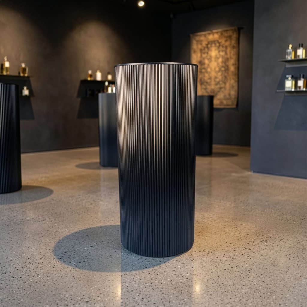 Black metal ripple plinth used as a display stand in an interior setting