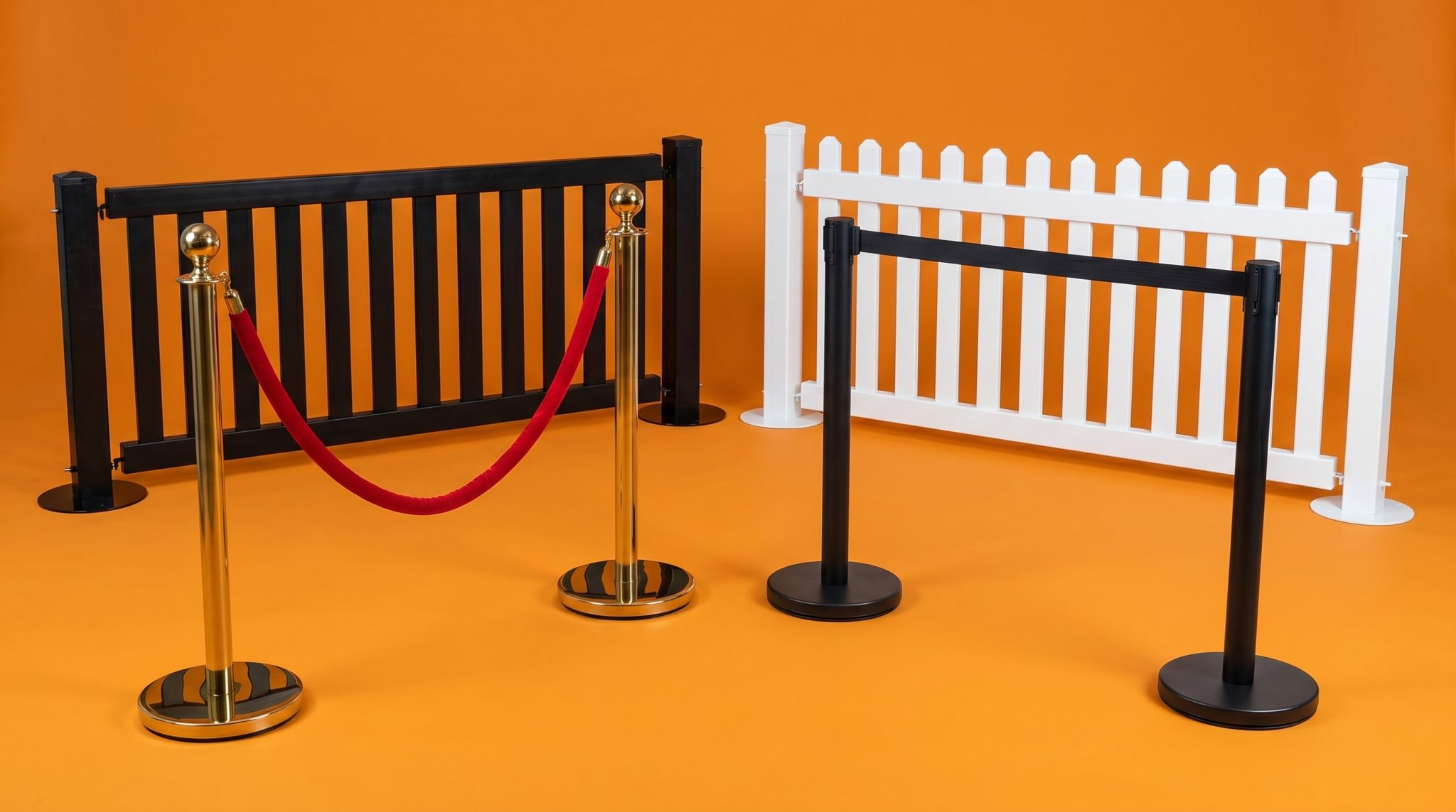 Portable event fencing and barriers set up on an orange backdrop white picket fencing, black picket fencing, retractable belt barriers and gold velvet rope bollards.